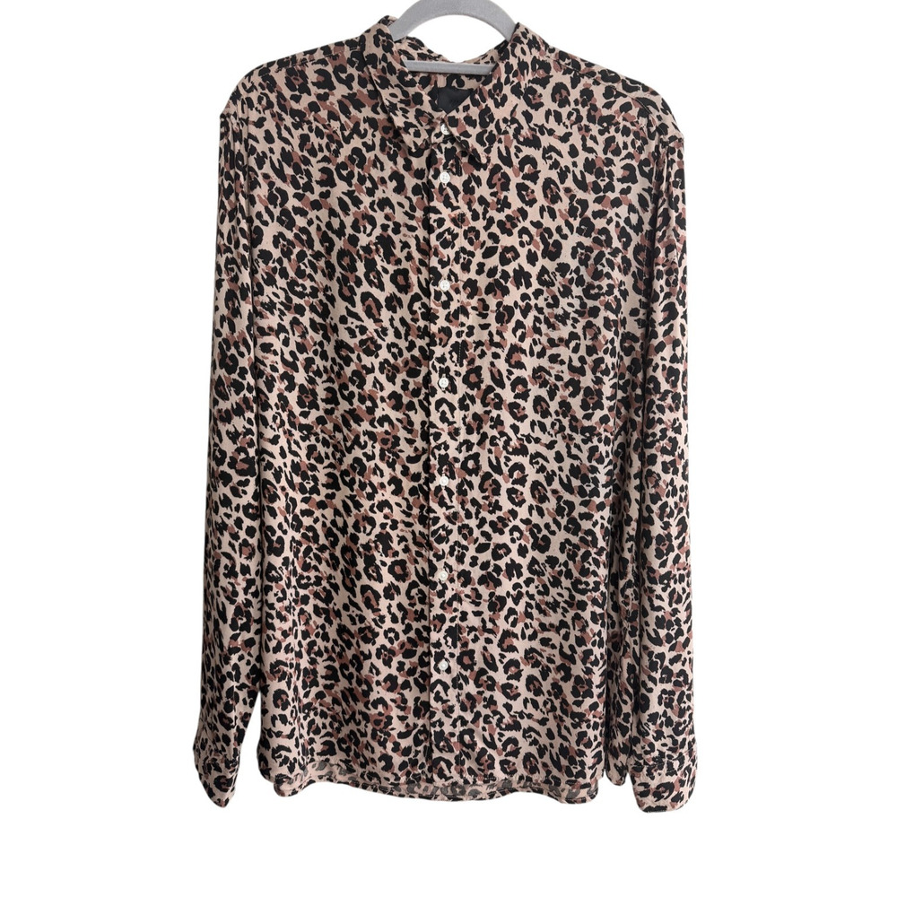 H&M Leopard Print Viscose Button-Front Collared Blouse Long Sleeve Women L